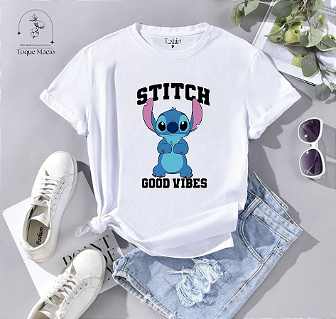 T-shirt  STITCH GOOD VIBES - BRANCO