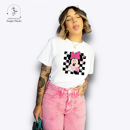 T-SHIRT MINNIE XADREZ - BRANCO