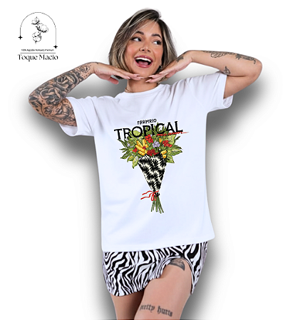 T-SHIRT TROPICAL FLORES FARM - BRANCO