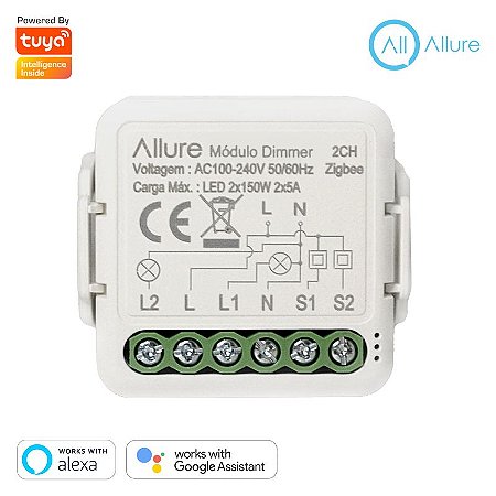 Mini Módulo Dimmer Inteligente Allure Tuya ZigBee 2 Seções Compatível Alexa e Google Assistente