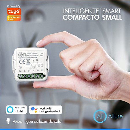 Mini Módulo Switch Inteligente Allure Tuya Wifi + BLE 2 seções Compatível Alexa e Google Assistente