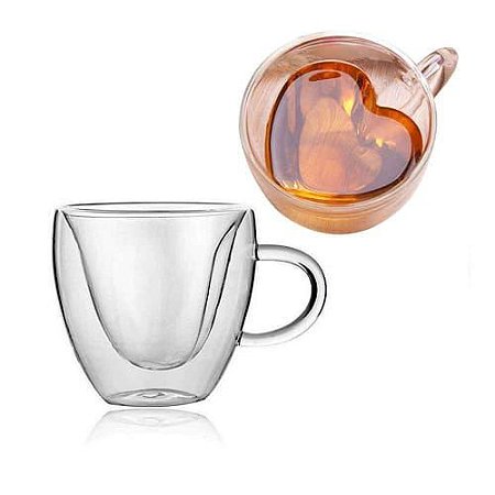 Xicara chá parede dupla de vidro coração 250 ml - Canto das Xicaras