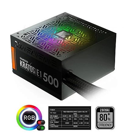 Fonte Gamdias Kratos E1, 500W, 80 Plus, LED RGB, Bivolt, 500 Watts Reais - GD-Z500ZZZ