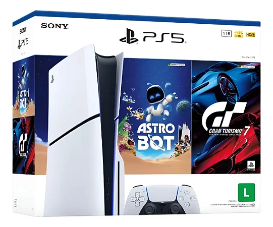 Playstation 5 Slim, Com Leitor, Gran Turismo 7 + Astro Bot, Modelo Nacional (Novo, Lacrado)