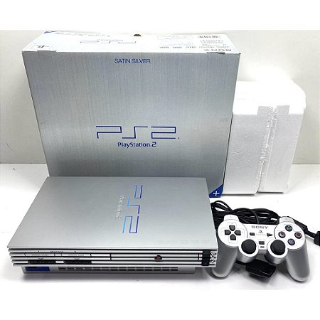 PlayStation 2, Prata, Na Caixa Seriado, 1 Controle, Satin Silver, Modelo SCPH-50000 TSS, PS2, (Usado)