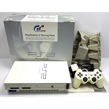 PlayStation 2, Branco Edição Gran Turismo, Na Caixa Seriado, 1 Controle, Modelo SCPH-55000 GT, PS2, (Usado)