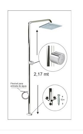 Chuveirão Externo Piscina, Praia, Campo. Aço Inox, Ducha Quadrada. Base parafusada