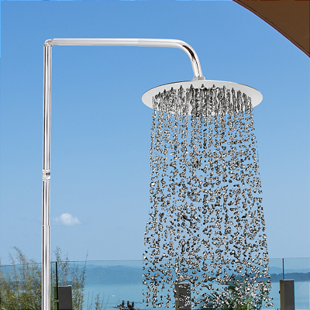 Chuveirão Externo Piscina, Praia, Campo. Aço Inox, Ducha redonda  Base parafusada