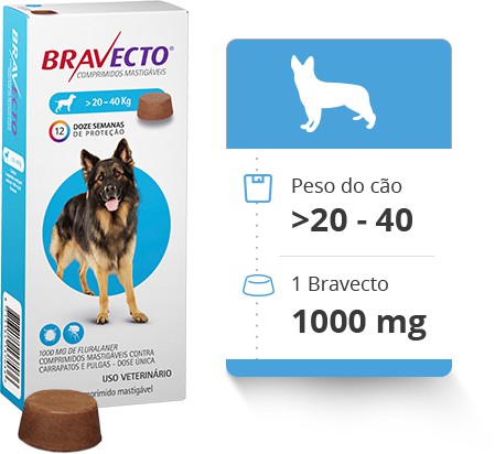 BRAVECTO CÃES 1000 MG PARA COM PESO DE 20 a 40 KG