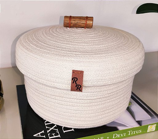 Cesto de Corda de Algodão 10mm com Tampa e Puxador de Madeira