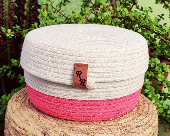 Cesto com Tampa em Corda Rígida de Algodão Cru 8mm e detalhe Rosa Chá