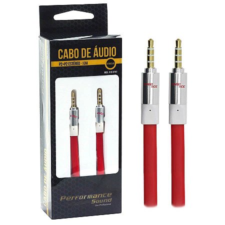 Cabo de Áudio P3 x P3 Flat 10 Metros, Vermelho - Performance Sound 018-5797