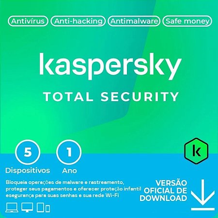Antivírus Kaspersky Total Security Licença 12 meses, 5 dispositivos - ESD
