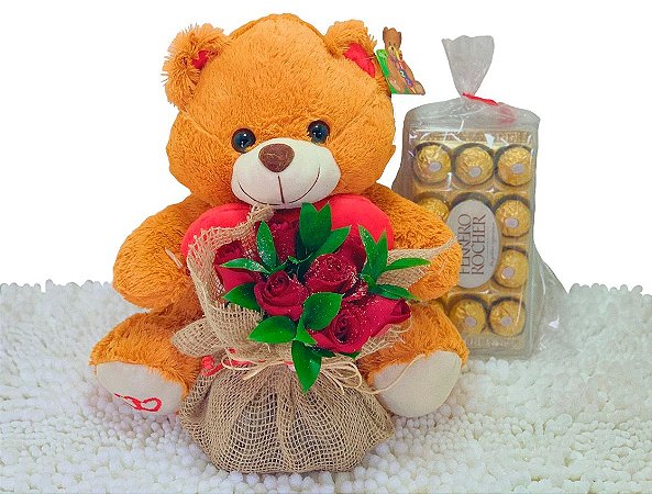 Arranjo de Rosas, Pelúcia e Ferrero Rocher