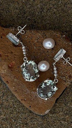 Brinco com Cristal, Abrasolita e Mini Pérolas