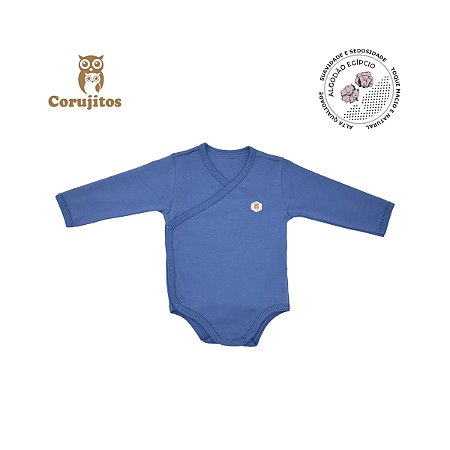 Body Kimono Manga Longa Jeans Azul Tamanho RN - 100% Algodão Egípcio - Corujitos