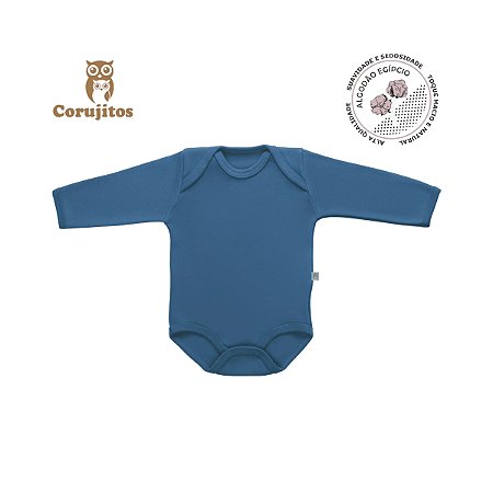 Body Manga Longa Jeans Azul Tamanho RN - 100% Algodão Egípcio - Corujitos