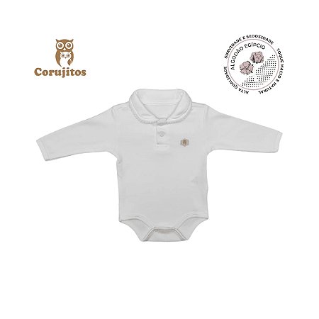 Body Social Gola Grelot e Manga Longa Branco Tamanho P - 100% Algodão Egípcio - Corujitos