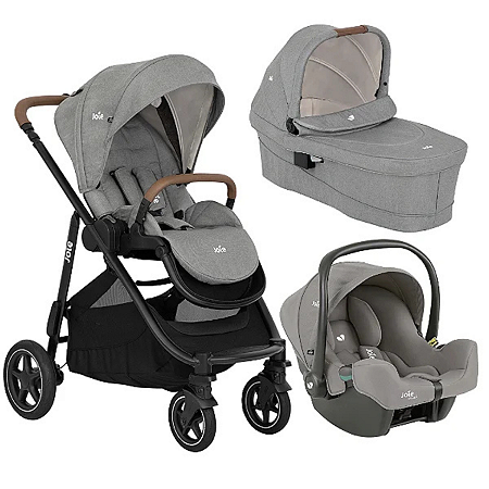 Carrinho Trio Versatrax + Moisés + Bebê Conforto Cinza Pebble - Joie