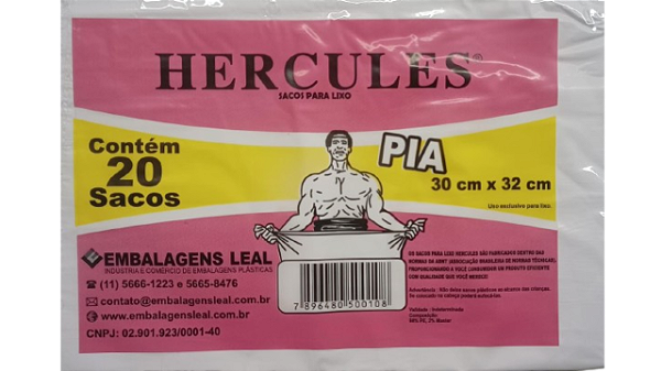 Saco De Lixo Hércules pacote c/20 Unidades  (30 CM X 32 CM) - (Pia - Branco) - (Fardo c/30 Pacotes)