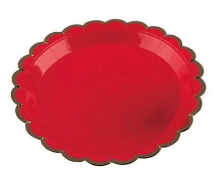 Prato de papel redondo vermelho com borda dourada (10 un)