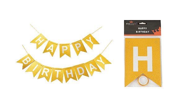 Faixa decorativa happy birthday com glitter dourada (1 un)