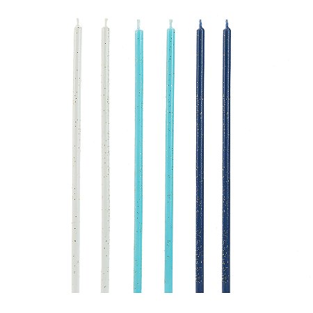 Vela palito azul e branca com glitter 15cm (06un)