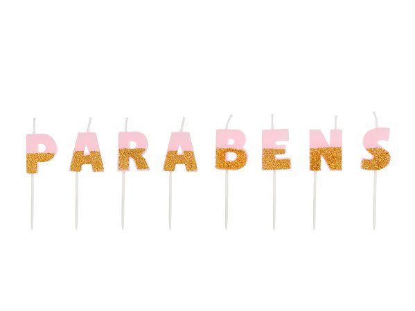Vela parabéns rosa com glitter dourado