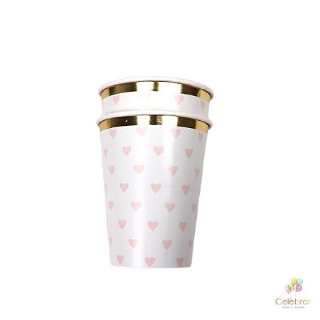 Copo de papel coração rosa borda dourado (08 und)