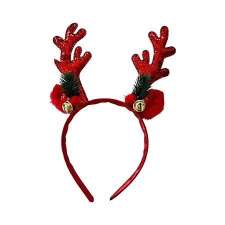 Tiara natal rena vermelha glitter