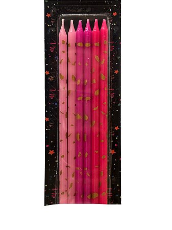 Vela palito rosa com dourado 17cm (06 un)