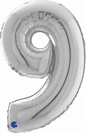 Balão numeral 9 prata metalizado (1 un)