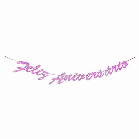 Faixa decorativa feliz aniversário rosa com glitter (01 un)