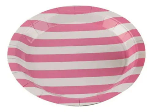 Prato de papel listrado rosa bebe (10 un)
