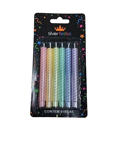 Vela palito espiral metalizada candy color (6 un)