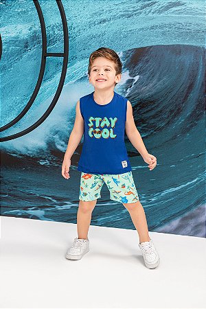 Conjunto Regata em Meia Malha e Bermuda Tactel Dino Aquarelado
