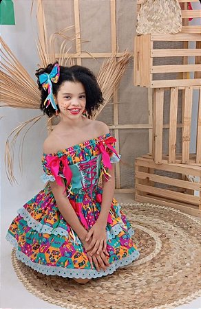 Conjunto Infantil Festa Junina Trançado Chita Verde Jade