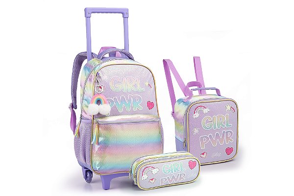 Kit Mochila + Lancheira Térmica + Estojo Feminino Infantil - Lilás