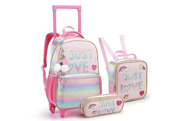 Kit Mochila + Lancheira Térmica + Estojo Feminino Infantil - Rosa