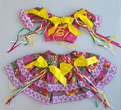 Conjunto Infantil Festa Junina Floral Rosa