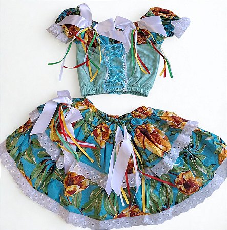 Conjunto Infantil Festa Junina Floral Azul