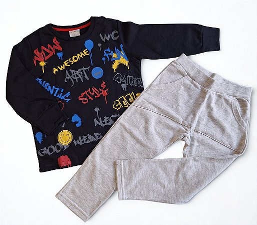 Conjunto de Moletom Infantil Estampa Grafite Preto