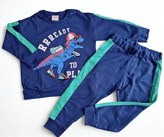 Conjunto de Moletom Infantil Dinossauro Azul