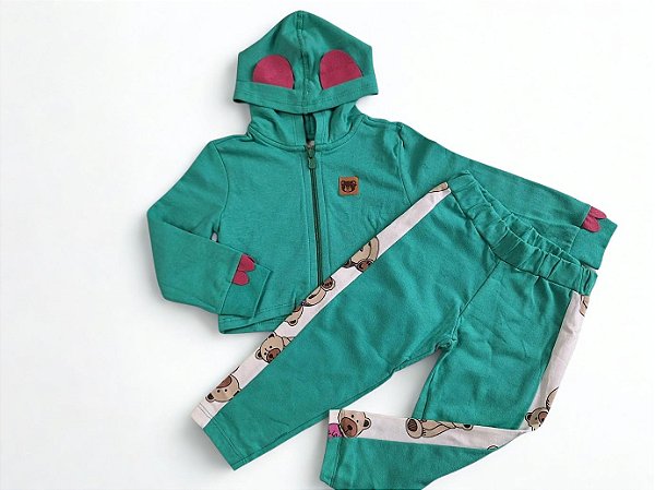 Conjunto de Moletom Verde com Capuz e Detalhes de Ursinho