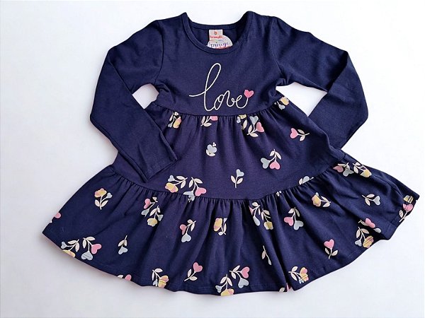 Vestido Infantil Floral Azul Marinho com Manga Longa - Brandili