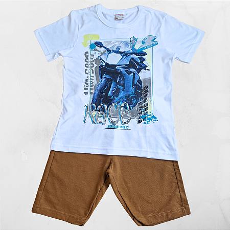Conjunto Infantil Masculino Camisa e Bermuda Race Branco Brandili