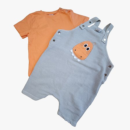 Conjunto Infantil Jardineira Dino + Camiseta Laranja