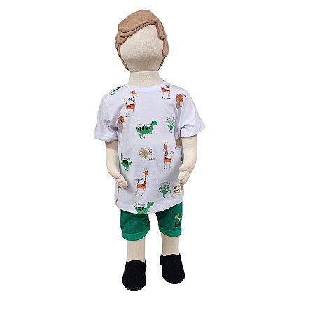 Conjunto Infantil Camiseta Animais Branca + Bermuda Verde