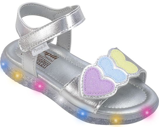 Sandália de Led Infantil Pampili Lulli Corações Prata