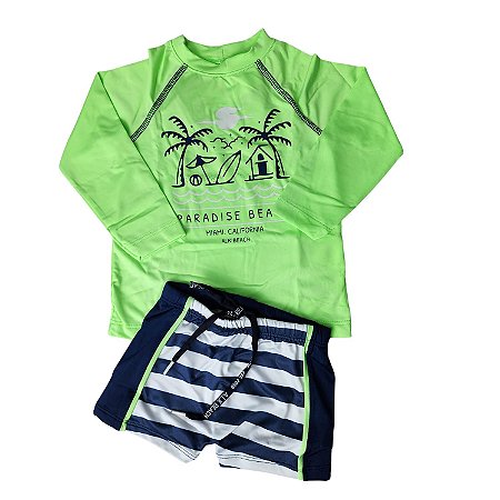 Conjunto Praia Camisa Manga Longa e Sunga Verde UV 50+